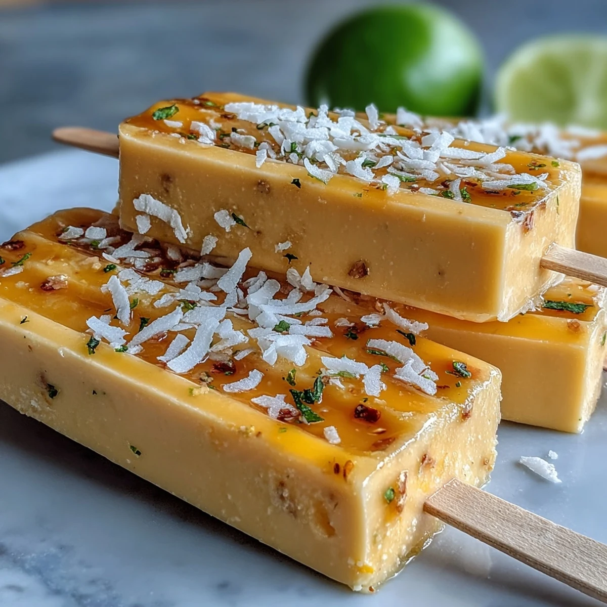 2. Gefrorene Köstlichkeit mit reifer Mango, cremigem griechischem Joghurt, Limette und Kokosraspeln – ein leichtes Dessert.