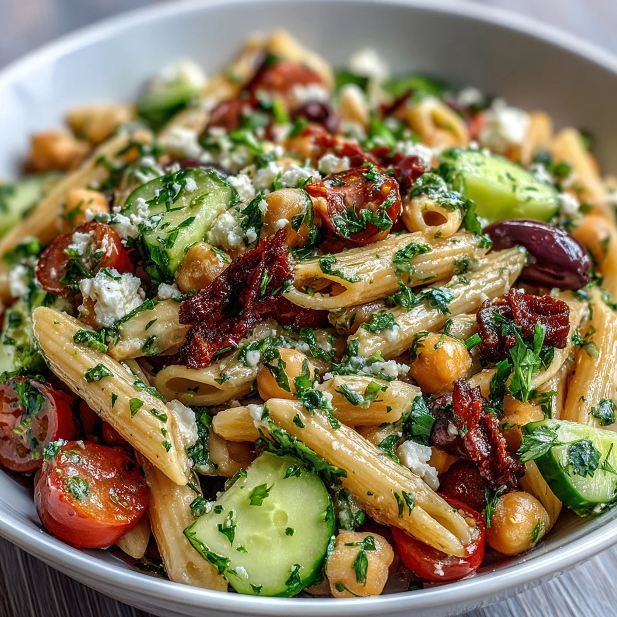 Bunter mediterraner Nudelsalat mit Kichererbsen, Gurke, Tomaten, Feta und Oliven auf einem Teller.