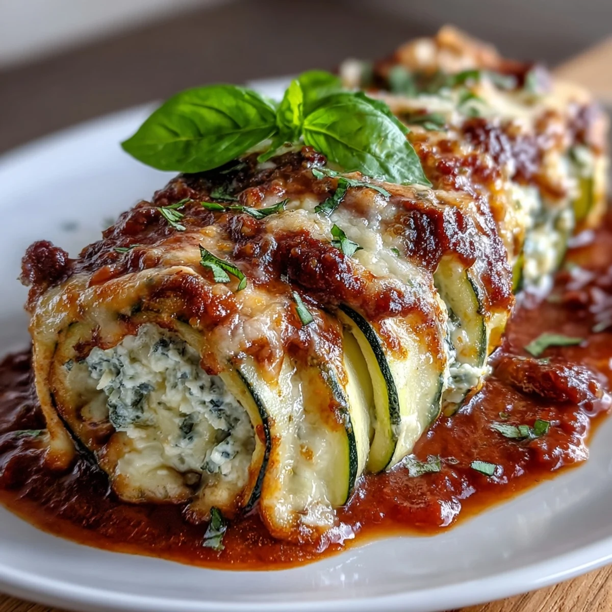 Zarte Zucchinistreifen mit cremiger Ricotta, Parmesan und italienischen Kräutern gefüllt, in würziger Marinara gebacken für eine kohlenhydratarme Lasagne-Alternative.