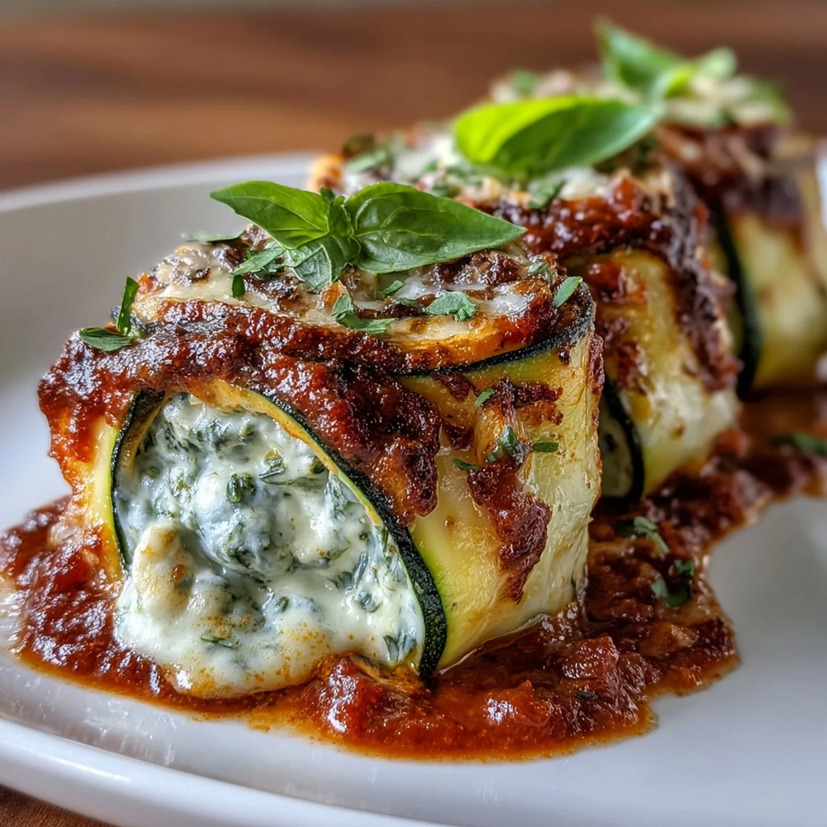 Low-Carb-Zucchini-Röllchen mit Ricotta und Marinara, perfekt für eine ketogene Ernährung und italienisch inspirierte Genussmomente.