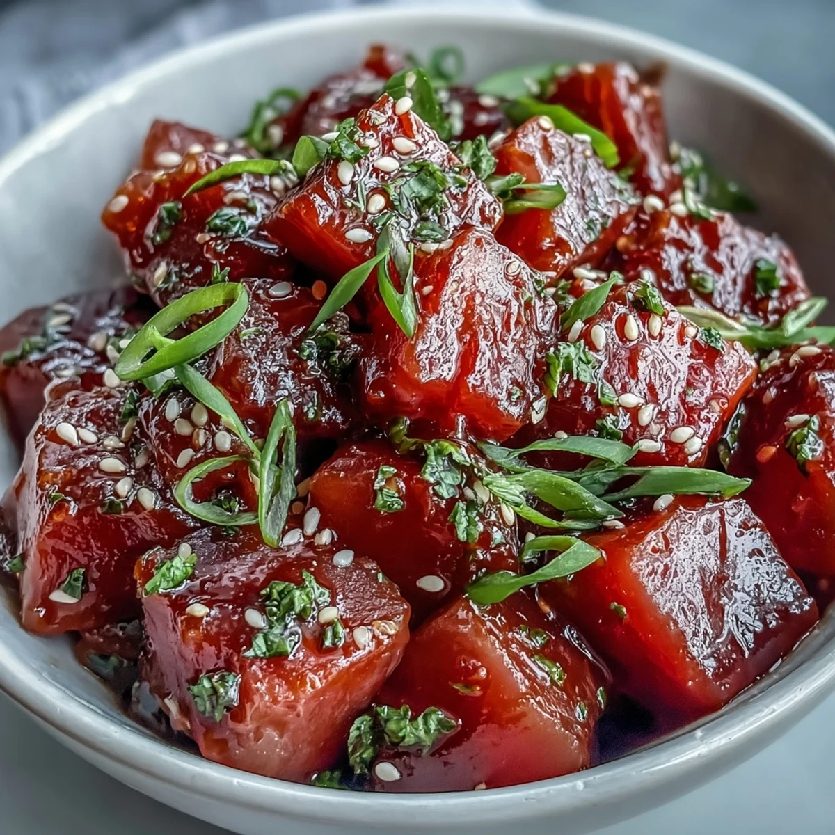 1. Spicy Tuna Poke Bowl mit mariniertem Thunfisch, Avocado und Gurke auf Sushi-Reis.