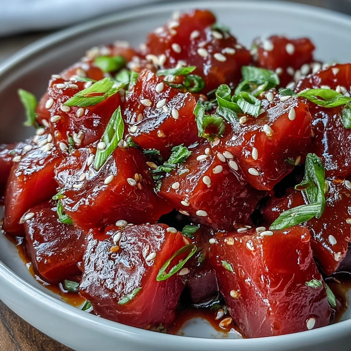 3. Hawaiianischer Poke Bowl mit würzigem Thunfisch, cremiger Avocado und knackiger Gurke.