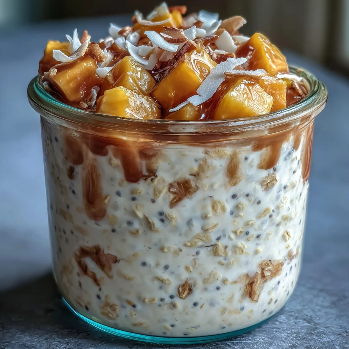 Verlockendes Glas Overnight Oats mit Mango und Kokos, dekoriert mit knusprigen Nüssen und einem Honigtröpfchen.