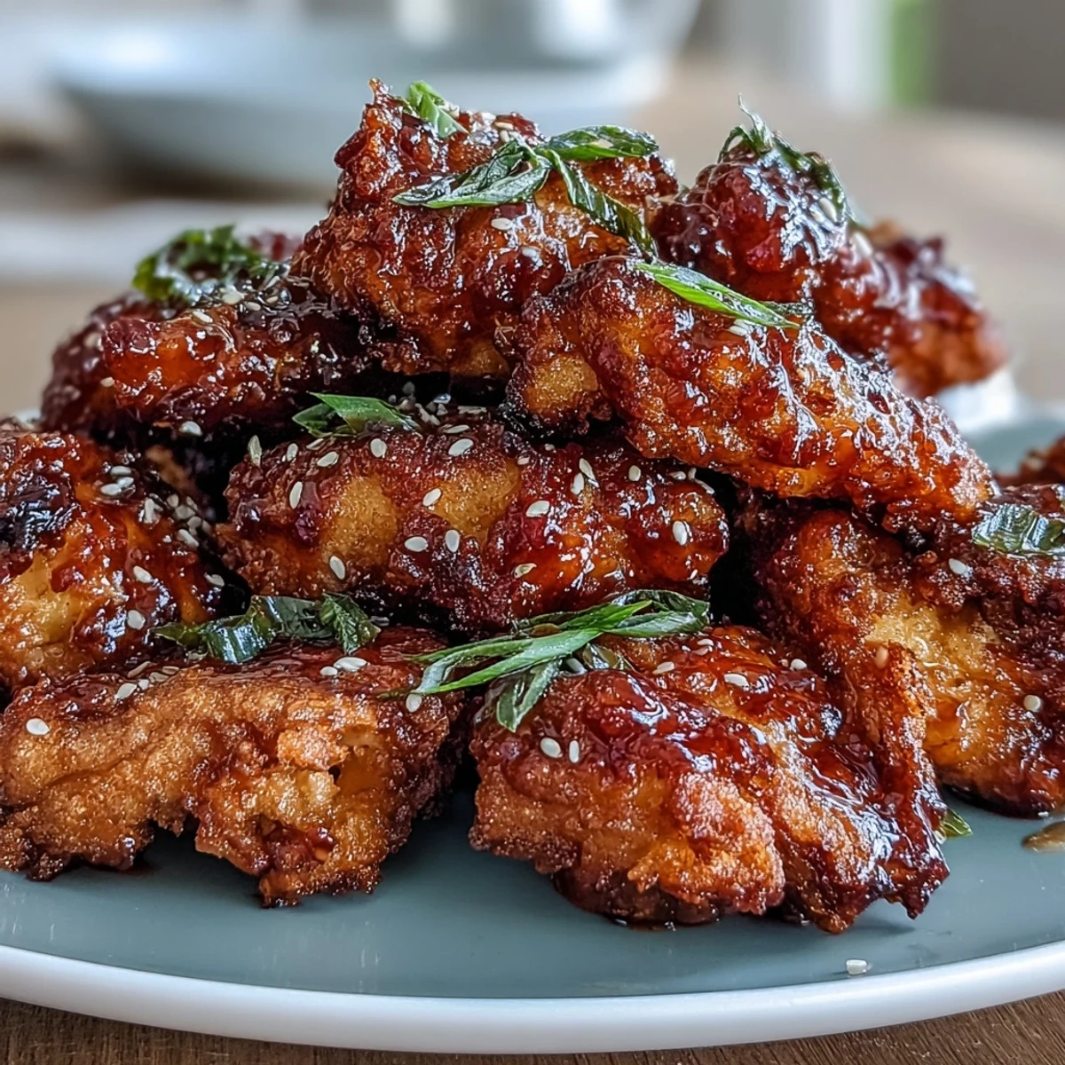 Knuspriges, luftgebackenes Hähnchen in scharfer-süßer Gochujang-Glasur, ein leichteres koreanisches Streetfood-Gericht.