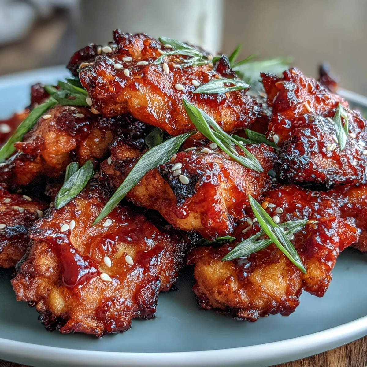 Goldbraune Hähnchenstücke aus dem Airfryer, glasiert mit scharfem Gochujang und Honig, perfekt für ein schnelles Abendessen.