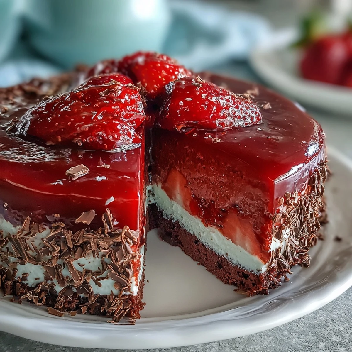 Zarter Erdbeermousse-Kuchen mit frischen Erdbeeren und zarter Biskuitmasse für den Valentinstag.