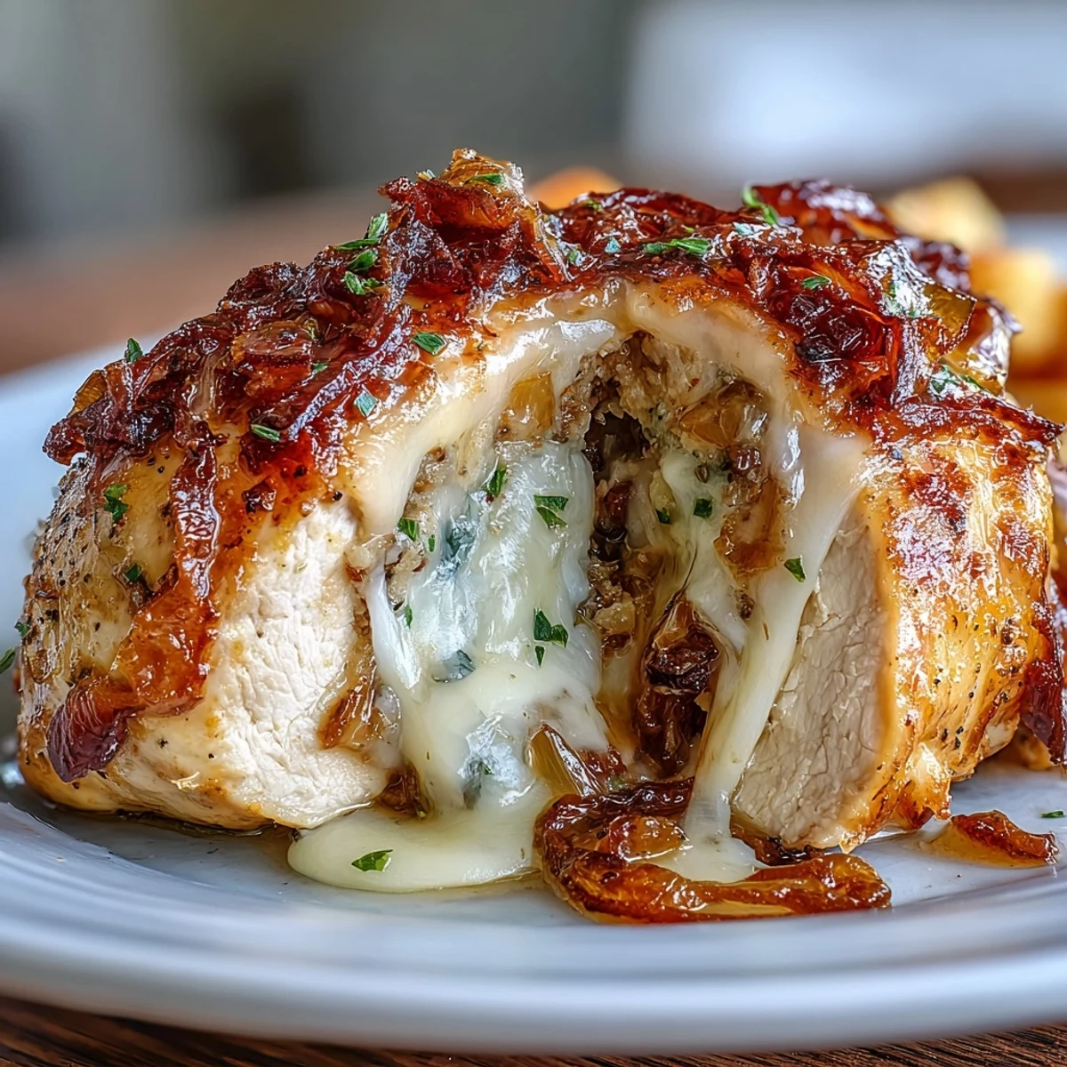 2. Goldbraune Hähnchenbrüste mit herzhaftem Zwiebel-Käse-Füllung, garniert mit frischer Petersilie und knusprigem Parmesan.  