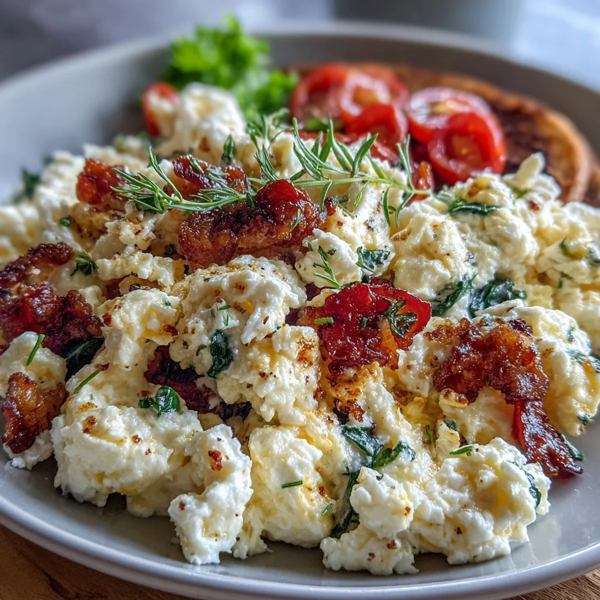 2. Cottage Cheese Egg Scramble with Veggies: Golden scrambled eggs mixed with cottage cheese, cherry tomatoes, and red onion, cooked to creamy perfection in a nonstick skillet.  