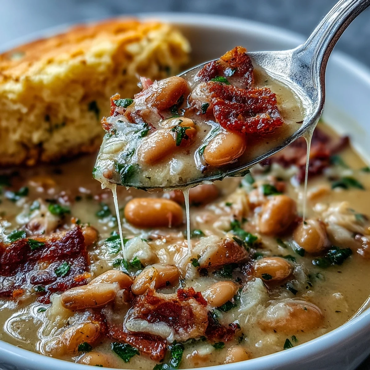 Herzhafte Schinken-Knochen- und Bohnensuppe mit zarten Gemüsesorten, perfekt kombiniert mit warmem, buttrigem Maisbrot für ein gemütliches Mahl.