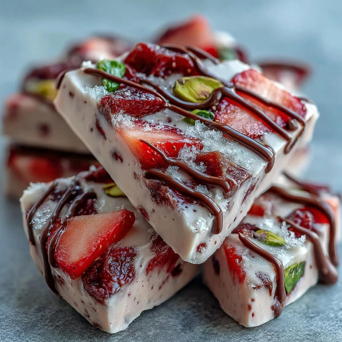 1. Valentine Strawberry Yogurt Bark mit Pistazien – ein festliches, erfrischendes Dessert mit cremigem Joghurt, süßen Erdbeeren und knusprigen Pistazien.