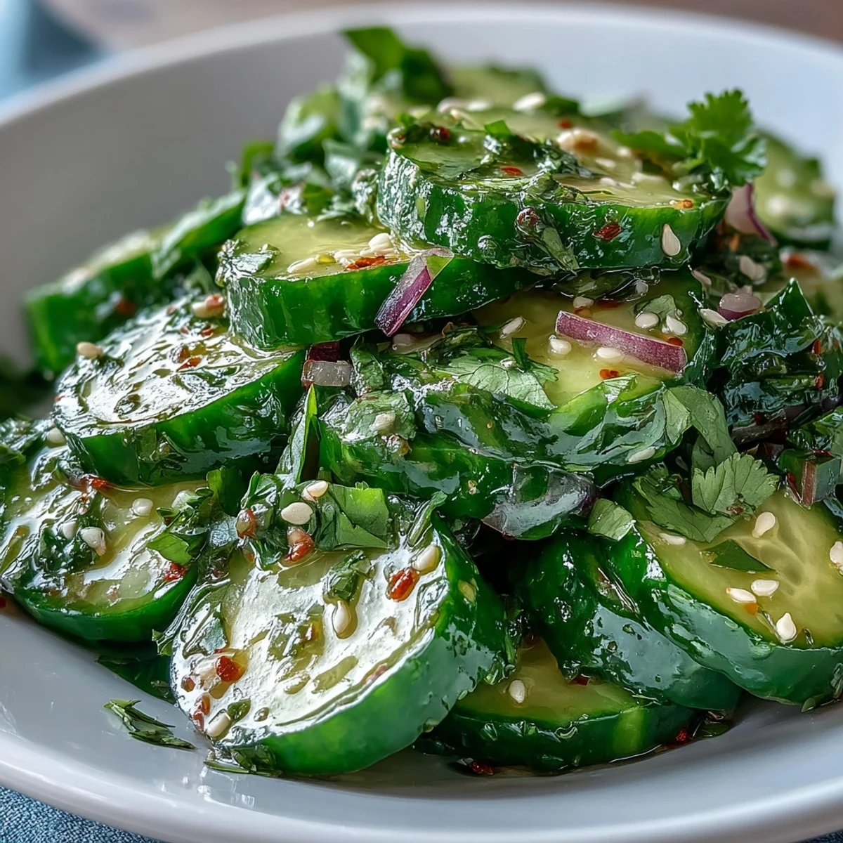 2. Knackiger Gurkensalat mit Chili-Limetten-Dressing, verfeinert mit roten Zwiebeln, Koriander und optionalen Sesamkörnern für extra Crunch.