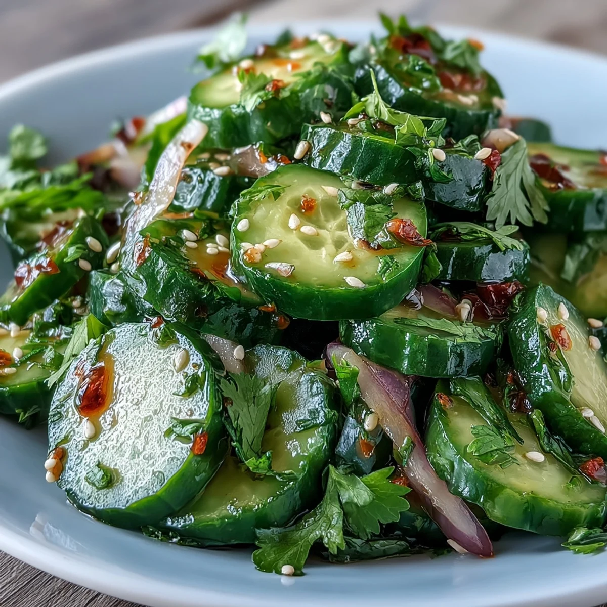 3. Sommerlicher Gurkensalat mit Chili-Limetten-Dressing, serviert mit dünn geschnittenen Gurken, roten Zwiebeln und frischem Koriander.