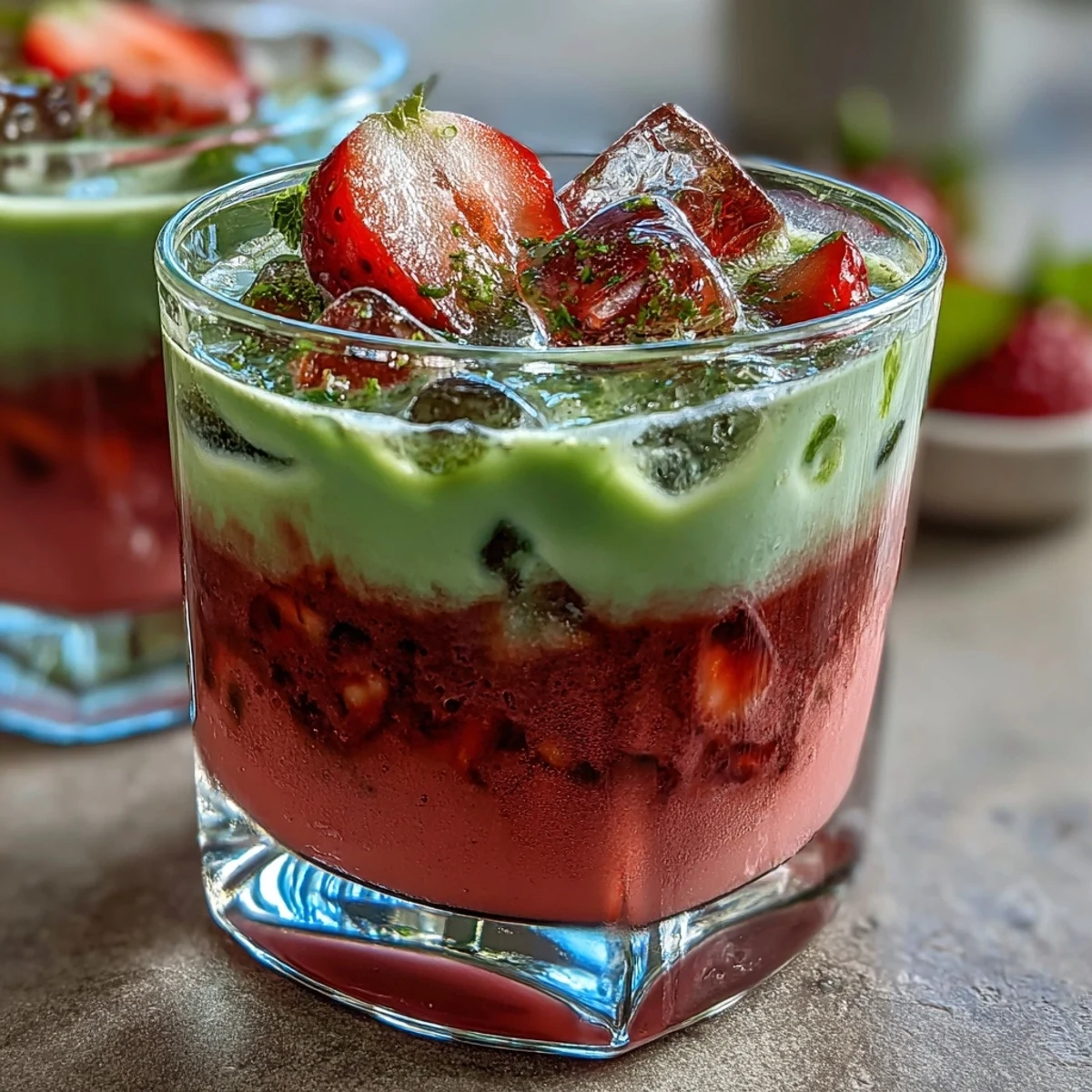 Erdbeer-Matcha-Eislatte mit Hafermilch: Bunte Schichten aus süßer Erdbeerpüree, erdigem Matcha und cremiger Hafermilch.