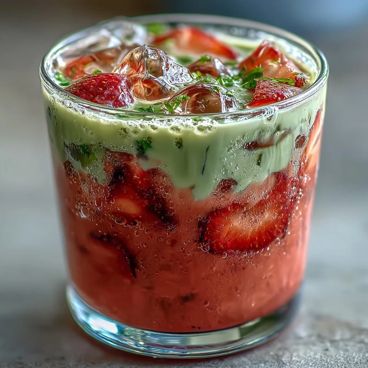 Erdbeer-Matcha-Eislatte mit Hafermilch: Instagram-tauglicher Drink mit frischen Erdbeeren, Matcha und kalter Hafermilch.