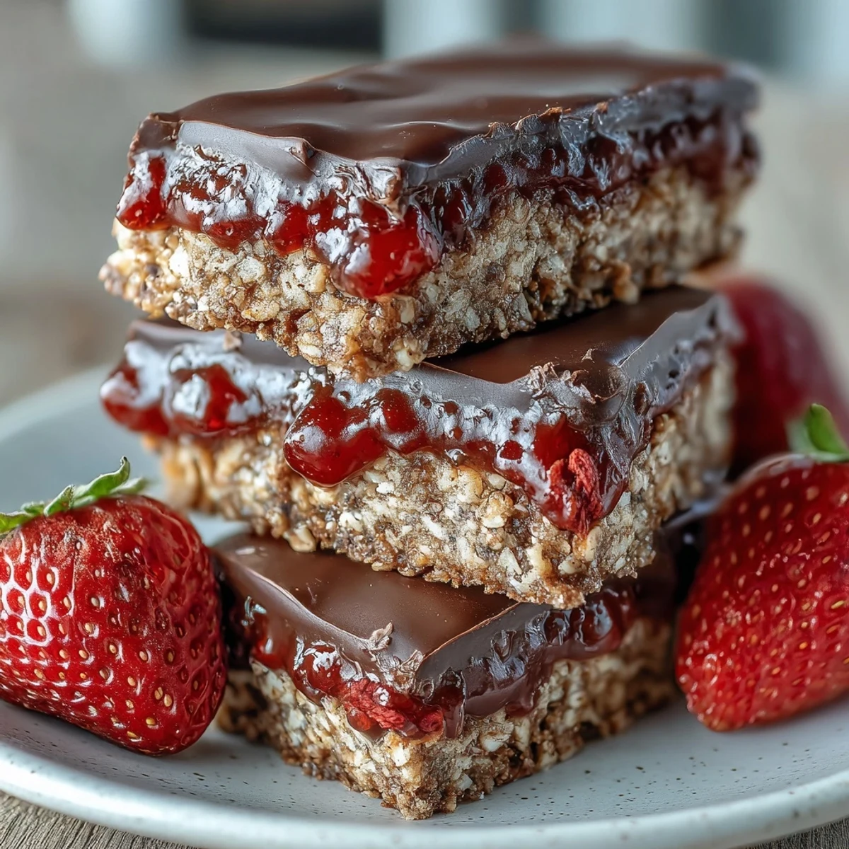 1. Chocolate-Dipped Strawberry Oat Bars mit Schokoladenglasur und fruchtiger Erdbeerschicht, perfekt für einen süßen Snack oder Nachspeise.