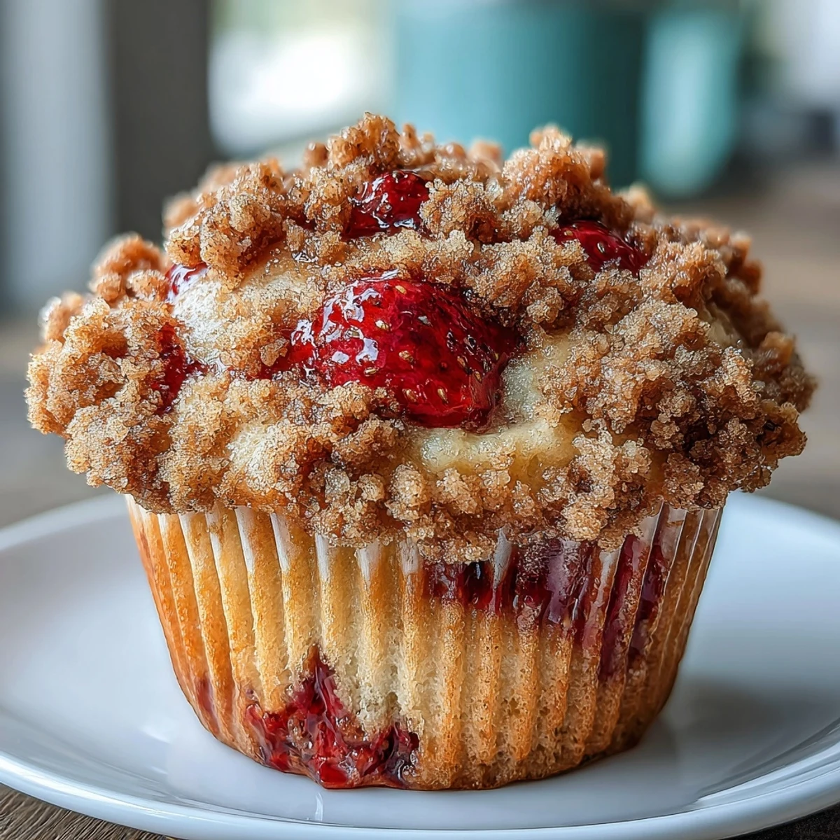 Erdbeer-Sauerteigmuffins mit goldgelber Streuselhaube, gefüllt mit frischen, saftigen Beeren.
