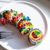 Ein Teller mit Candy Rainbow Roll Ups, die mit bunten Gummibärchen gefüllt und zum Servieren fertig sind.