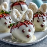 Süße Erdbeerbunnys mit weißer Schokolade und dunkler Schokoladenglasur, perfekt für festliche Ostermahlzeiten.