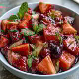 Ein farbenfroher Obstsalat mit saftigen Erdbeeren und erfrischendem Zitronengeschmack, ideal für Sommerpicknicks.