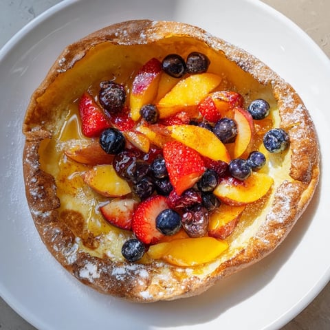 Golden, puffy German pancakes fresh from the oven, topped with vibrant seasonal fruit and a honey drizzle.