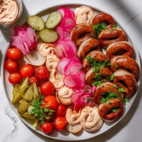 Vegan German Sausage Board with vibrant plant-based sausages, pretzels, and spicy sriracha mayo, ready to share.