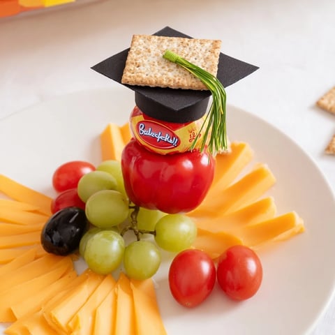 Graduation Cap Platter features a square cracker "mortarboard" with colorful garnishes like grapes and cheese.