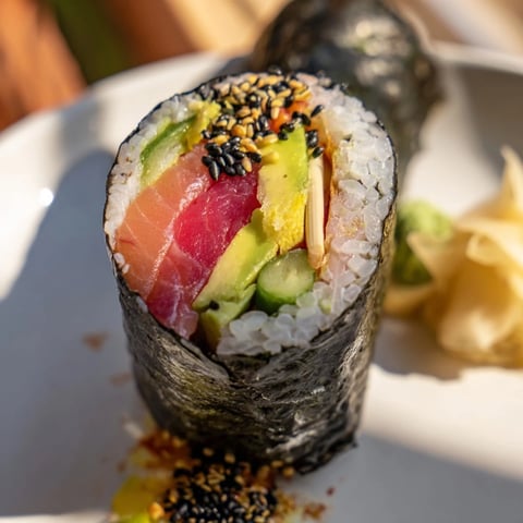Delightful sushi sailboats at sea, featuring fresh salmon and tuna, ready to dive in!