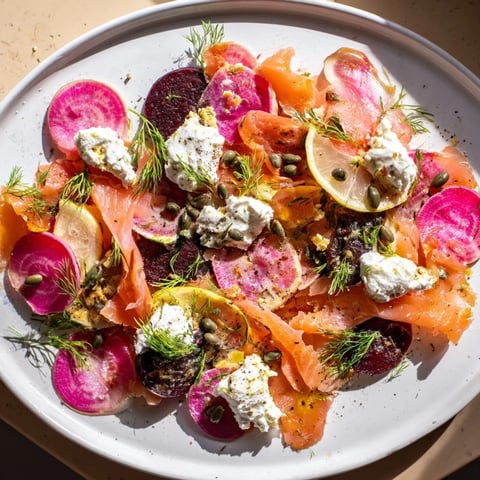 Festive Winter Harvest Smoked Salmon Board with colorful vegetables, perfect for sharing.