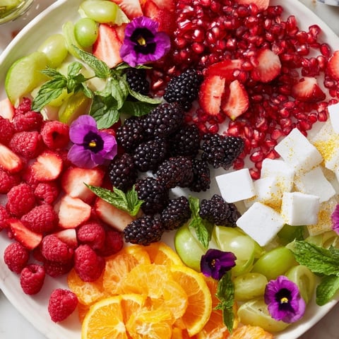 Ein buntes Bubbly Bar Garnish Platter mit frischen Früchten, Kräutern und funkelnden Extras für Silvester.
