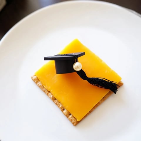 Festive Graduation Cap Snacks on a platter, showcasing cheese caps and licorice tassels, ready to eat.