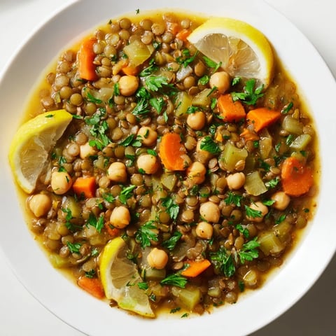 Aromatic Middle Eastern Lentil and Chickpea Stew, ready to serve with lemon wedges and fresh parsley.