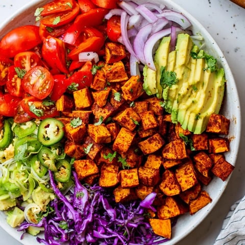A vibrant, flavorful image of plant-based Sweet Potato Taco Bowls, ready to enjoy.