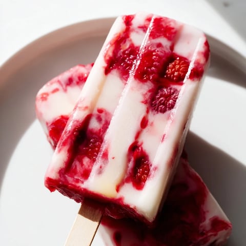 Creamy Raspberry Coconut Ice Pops, swirled and ready to freeze, a vibrant summer dessert.