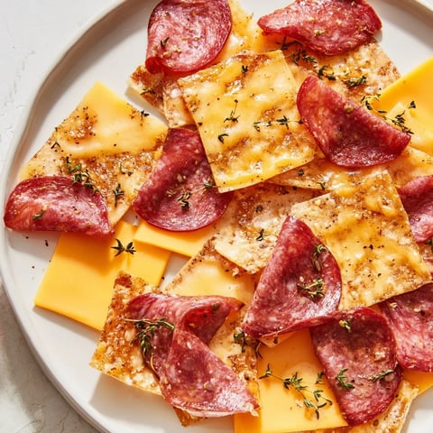 Crispy charcuterie chips, a symphony of meats and cheeses, perfect for snacking or entertaining.