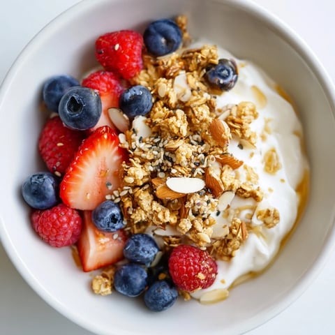 Cremige, schichtweise Trockene Joghurt Bowl mit frischen Beeren und knusprigem Granola.