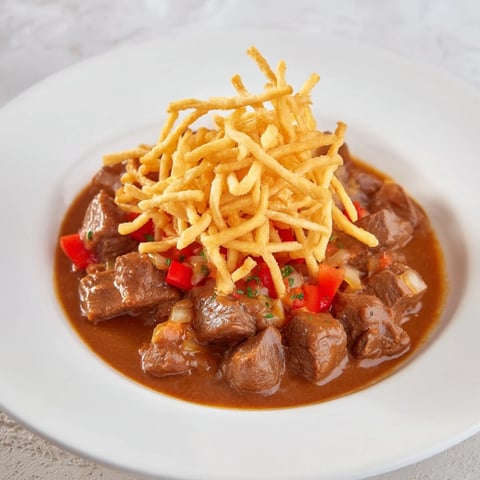 Tender beef and golden potato strips in a steaming bowl of Czech Goulash, ready to enjoy.
