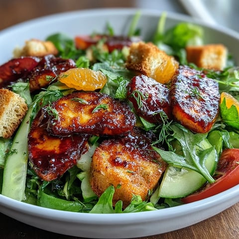 Frischer Halloumi Blood Orange Fattoush Salad mit knusprigen Sourdough Croutons und goldenem Käse.