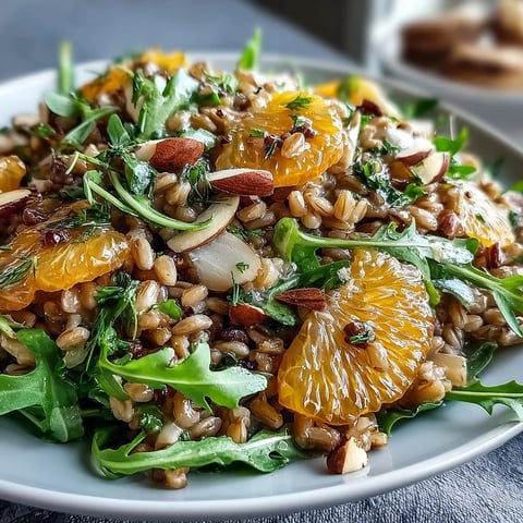 Farro Salad With Fennel, Oranges, and Almonds served in a white bowl, with toasted almonds and citrus vinaigrette on a marble table.