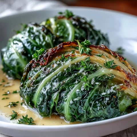 Garweiche Krautwedges in einer cremigen Parmesansuppe, mit frischem Thymian garniert und in einer Schale serviert.  