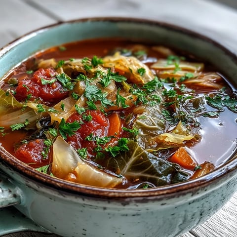 Dampfende Classic Cabbage Soup im Topf mit weichgedünstetem Grünkohl und bunten Gemüsestücken.