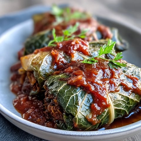 Goldene Baked Vegan Cabbage Rolls frisch aus dem Ofen auf einem dunklen Teller mit Tomatensauce.