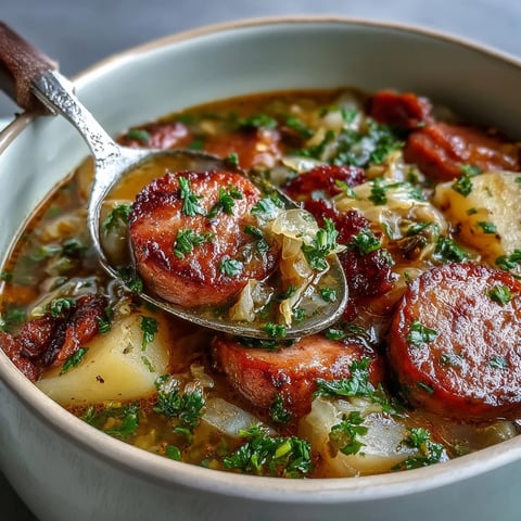 Dampfende Schüssel mit Sausage, Potato and Cabbage Soup, garniert mit Petersilie und einem Klecks Sauerrahm.