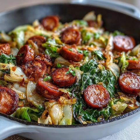 Geröstete Wurststücke liegen in einem Bett aus saftigem, weich gekochtem Grünkohl, aromatisiert mit Rauchpaprika und frischem Knoblauch.