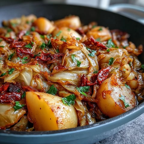 Gedünstet Kohl mit Kartoffeln und Chili in einem Topf serviert, weich und aromatisch für gemütliche Abendessen.