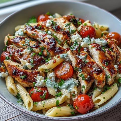 Rustikales Bruschetta Chicken Pasta mit saftigen Kirschtomaten, frischer Basilikum und cremiger Mozzarella auf einem Teller.
