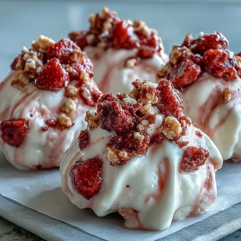 Frozen Strawberry & Banana Yoghurt Clusters on a baking sheet, showing creamy Greek yogurt with strawberry swirl and honey, studded with freeze-dried fruit for a refreshing crunch.