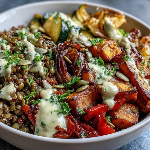 Frisch gebackene Lentil Power Bowl mit Karamellgemüse und cremiger Tahini-Soße.
