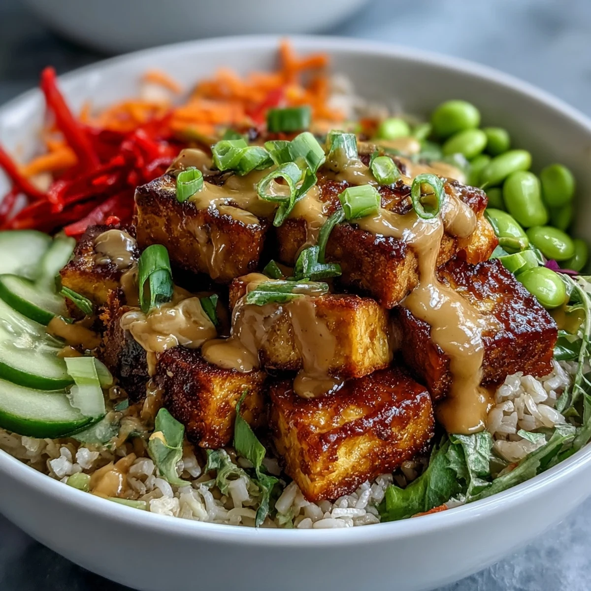 Crispy tofu cubes and colorful veggies in a Peanut Tofu Power Bowl with creamy peanut sauce.