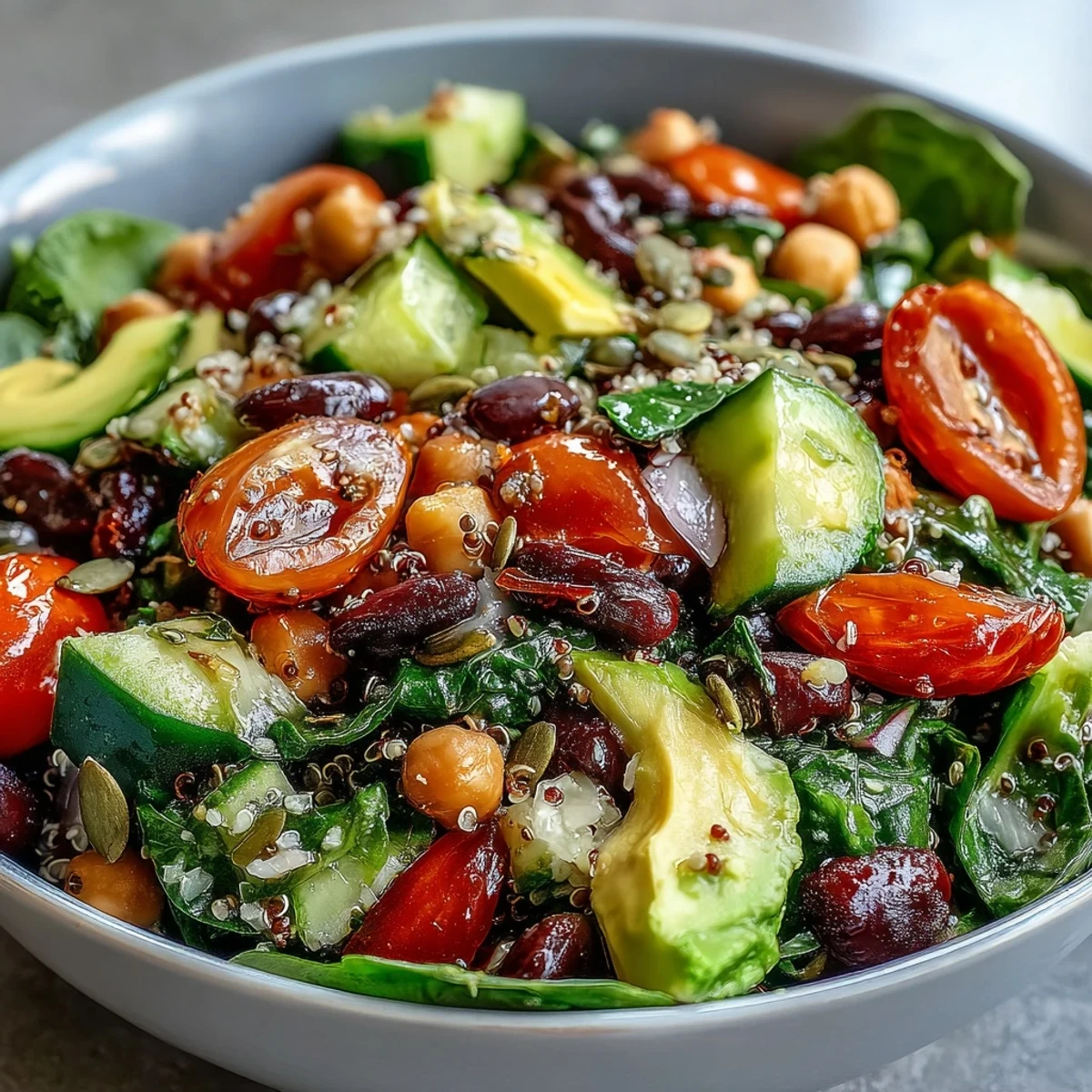 A colorful Three-Bean Power Bowl with quinoa, fresh vegetables, and zesty dressing, topped with sliced avocado and herbs.