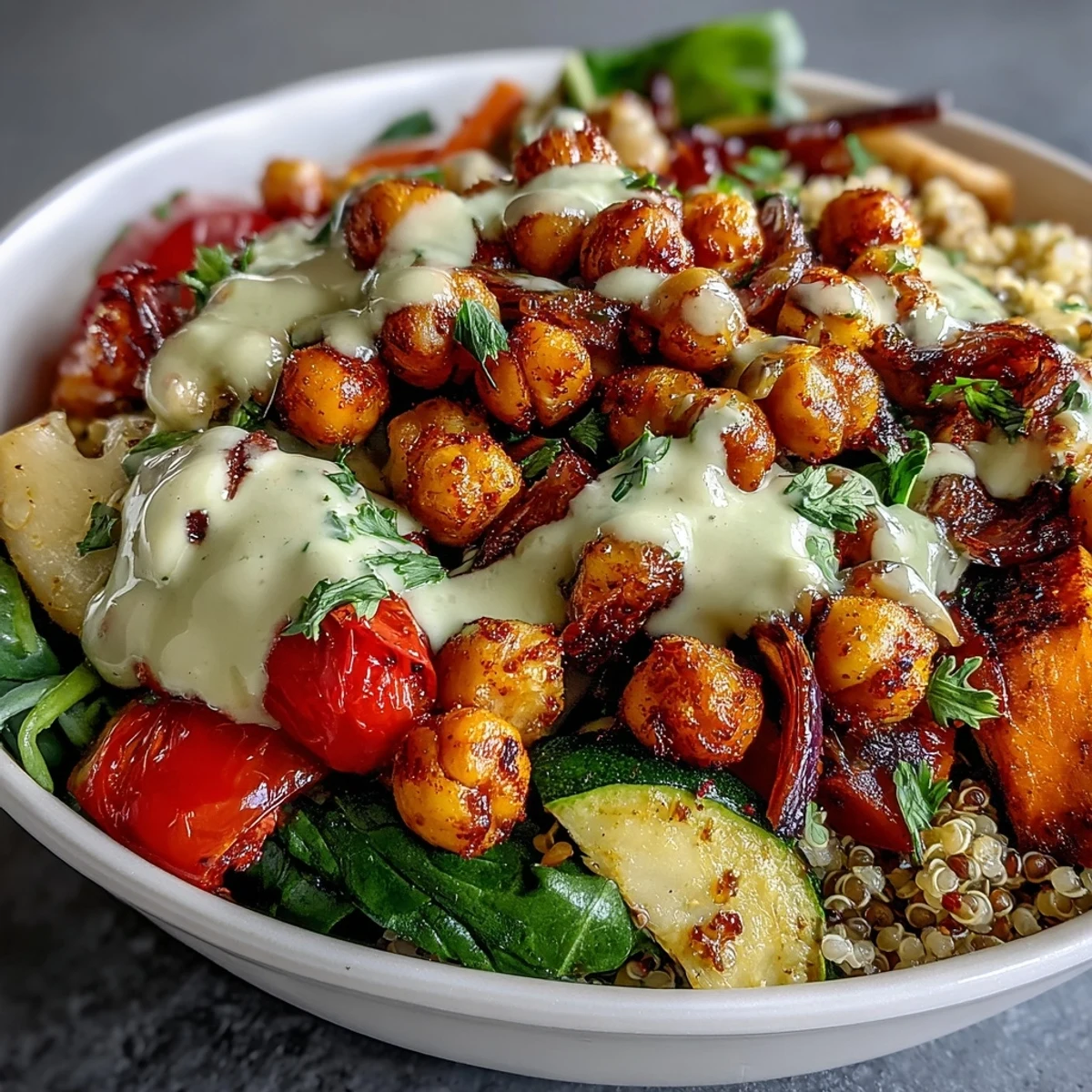 Bunte Vitalschüssel mit würzigen Kichererbsen, geröstetem Gemüse und Tahini-Dressing.